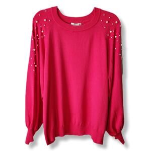 Women Hot Pink Bishop Sleeve Sweater Pearl Accent XL Preppy Holiday Cocktail NEW